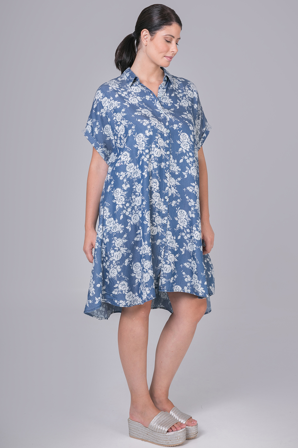 Tuniek Mat denim gebloemd Tuniek Mat denim gebloemd