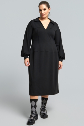 Mat fashion jurk wijde pofmouw | 86017044BLACS=44-46&nbsp;